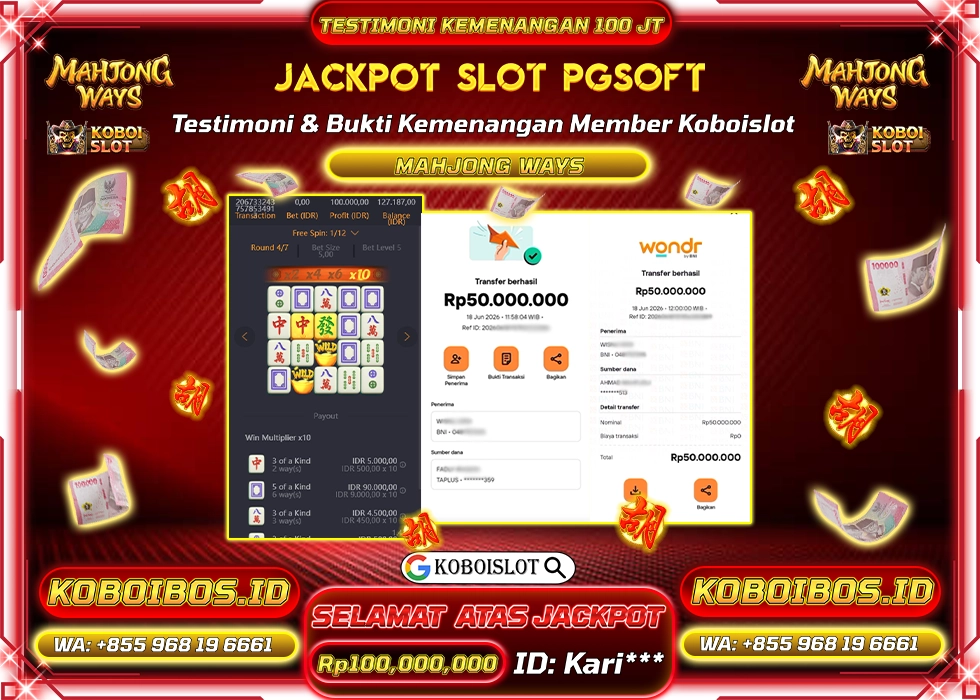 BUKTI KEMENANGAN Id Kari*** SLOT GACOR MAHJONG WAYS 1 Rp100.000.000,- LUNAS
